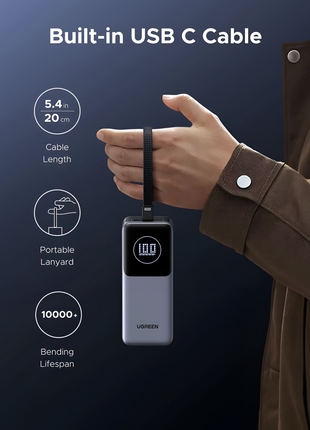 UGREEN Neoxde Pro Power Bank 130W 20000mAh con cable incorporado USB C 55365B