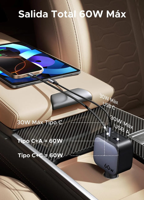 UGREEN CARGADOR DE AUTO 60W CON CABLE RETRACTIL USB-C PUERTOS  1XUSB-C/1XUSB-A P/55909B