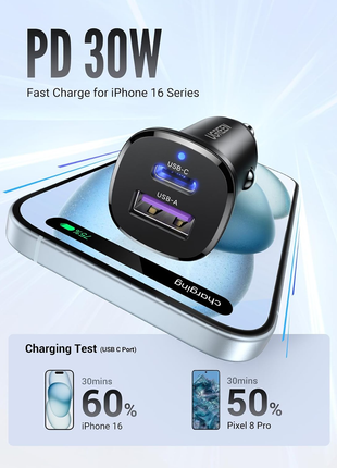 UGREEN Cargador Rapido de 30W para Vehiculo (1 puerto USB tipo C y 1 puerto USB tipo A) 25845