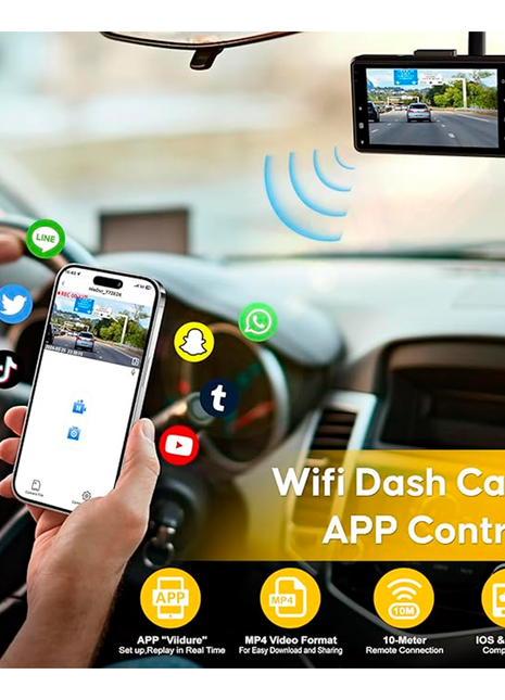 Abask Cámara de Coche 4K WiFi GPS, 2.45" Dashcam Coche de 3 Canales con Tarjeta 64G 2160P + 1080P + 1080P, Sensor G, Grabación en Bucle, Monitor de Aparcamiento, Visión Nocturna IR.