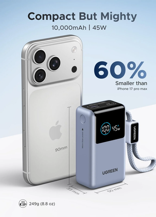 UGREEN POWER BANK 10.000mAh 55W NEXODE PRO*CABLE USB-C INTEGRADO DE NYLON TRENZADO