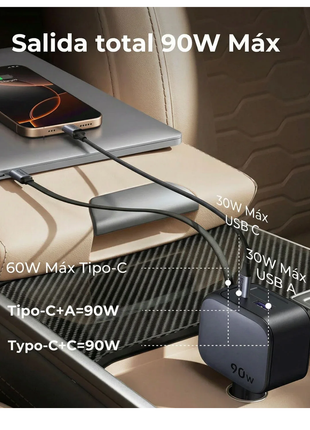UGREEN Nexode 90W cargador de auto 3 puertos (2 USB-C y 1 USB-A) y un cable USB-C retráctil 55909B