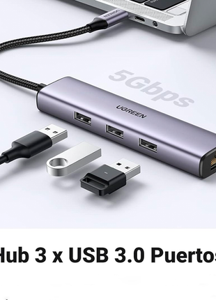 Ugreen Hub USB-C a 3 port USB-A 3.0 + 1 red RJ45 Gigabit CM475