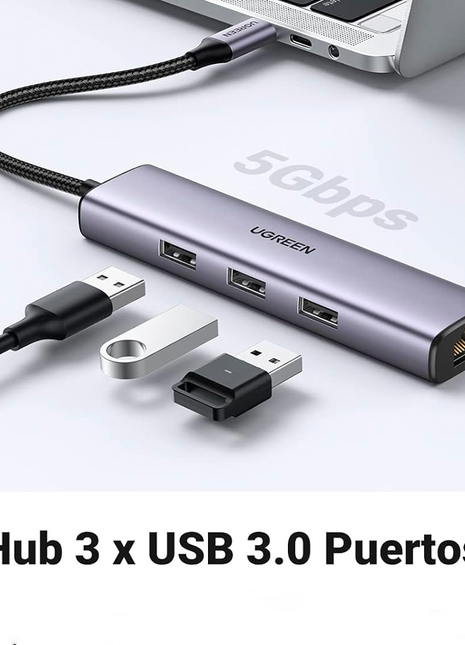 Ugreen Hub USB-C a 3 port USB-A 3.0 + 1 red RJ45 Gigabit CM475