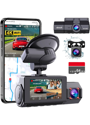 Abask Cámara de Coche 4K WiFi GPS, 2.45" Dashcam Coche de 3 Canales con Tarjeta 64G 2160P + 1080P + 1080P, Sensor G, Grabación en Bucle, Monitor de Aparcamiento, Visión Nocturna IR.