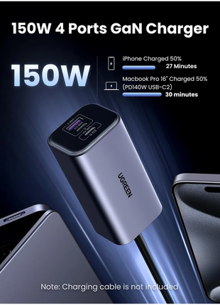 UGREEN de Vehiculo 150 W con 4 puertos GaN (3 puertos USB tipo C y 1 puerto USB tipo A) 35571