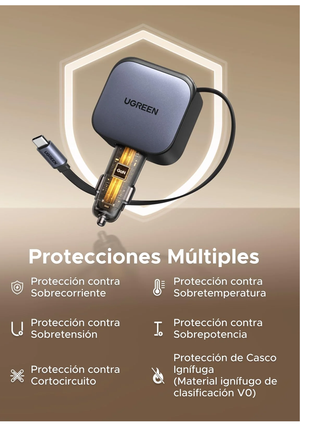 UGREEN CARGADOR DE AUTO 60W CON CABLE RETRACTIL USB-C PUERTOS  1XUSB-C/1XUSB-A P/55909B